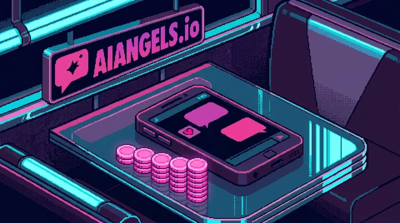Pixel-art smartphone showing a pink AI companion chat on a glass diner table, rising stacks of pink coins beside it, and a neon AI Angels sign in cyan and magenta light.