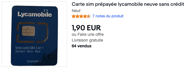 Historical listing for a prepaid Lycamobile SIM card, with a price of €1.90.