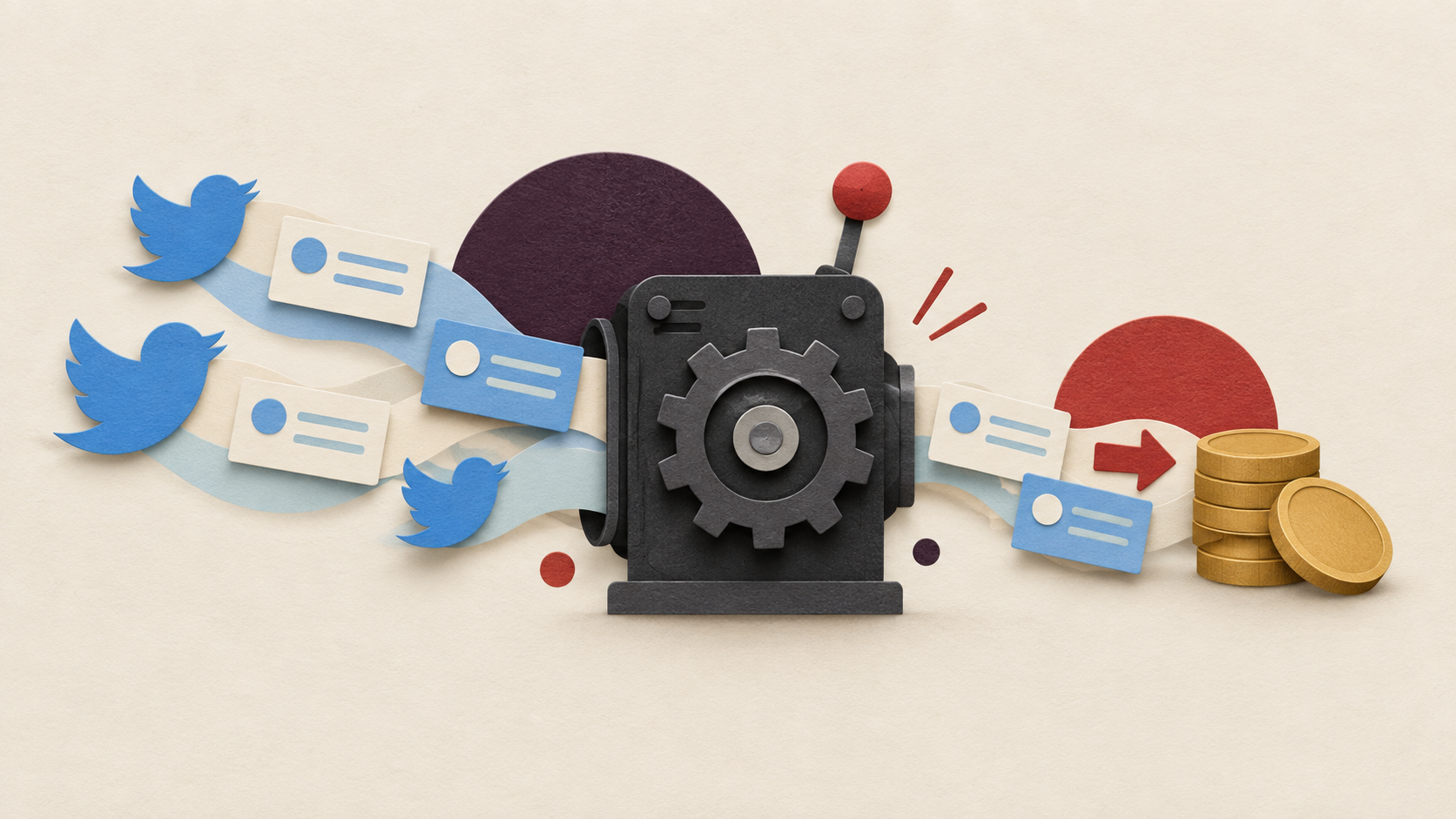 Editorial paper-cut illustration of blue social posts passing through an automation machine toward a small stack of coins.