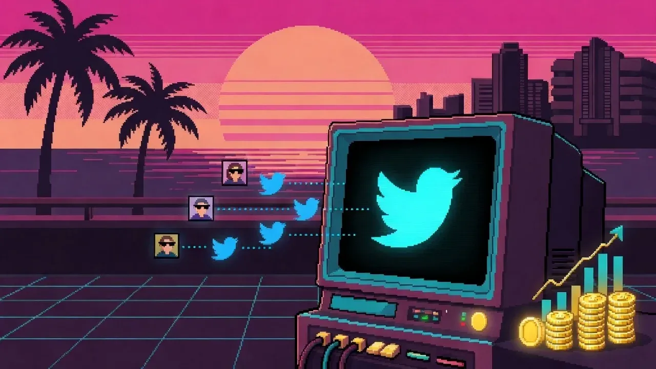 Pixel-art Miami sunset with a retro computer showing a Twitter bird, profile cards flowing in, and gold coins stacked on the right.