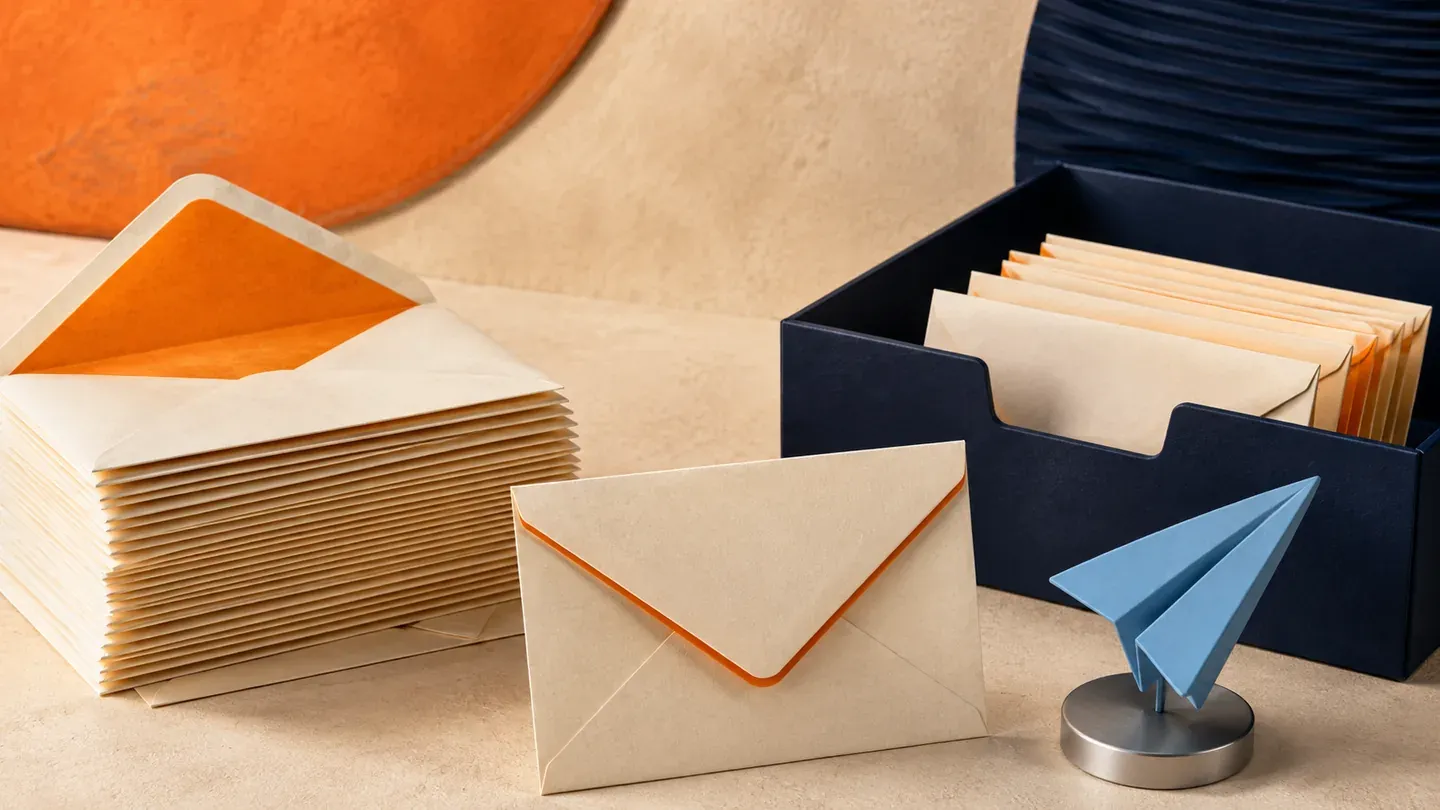 Cream envelopes with orange linings sit beside a navy tray and a blue arrow.