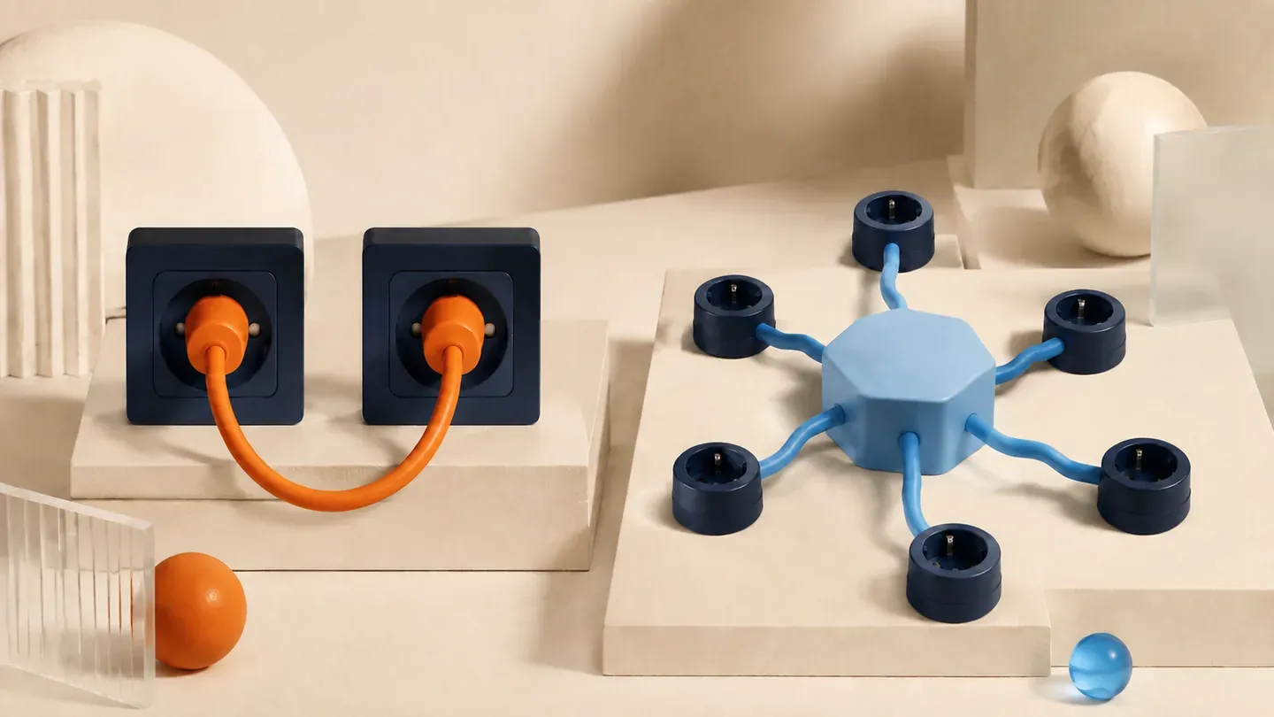 A direct orange cable and a blue multi-port hub sit side by side.