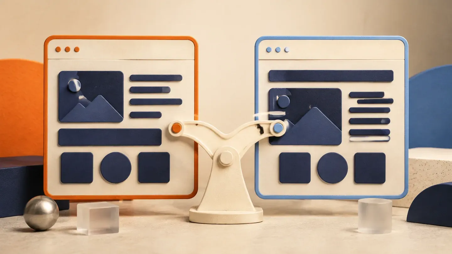 Orange and blue browser-shaped panels display different arrangements of navy blocks.