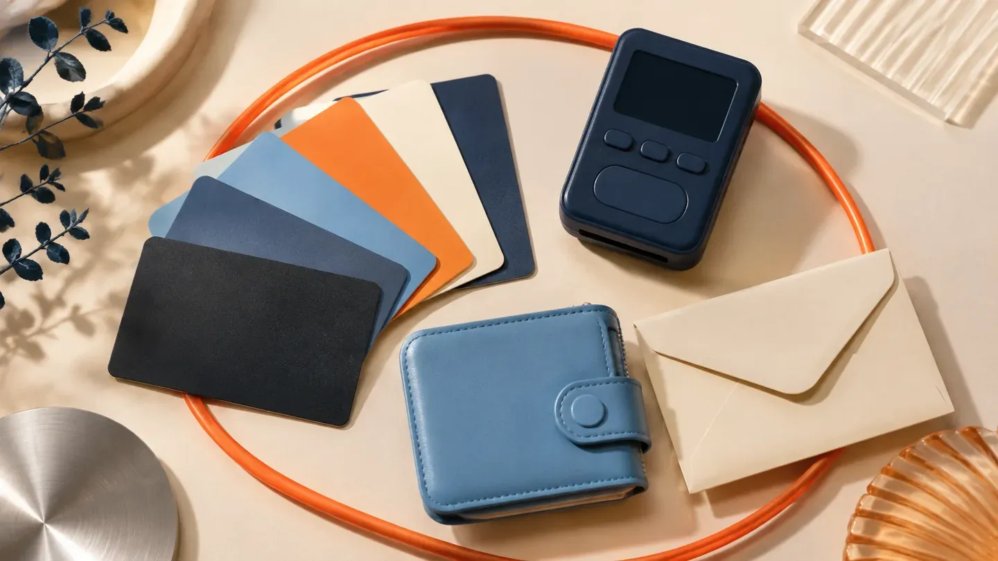Blank cards, a card reader, a blue case and an envelope surround an orange cable.