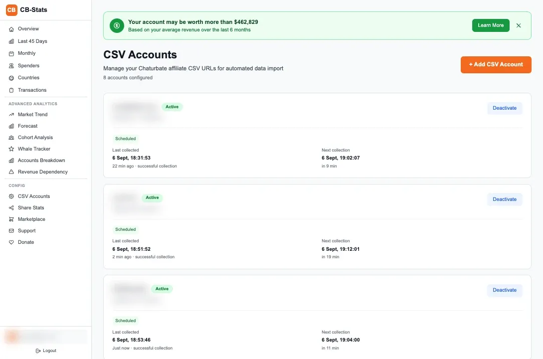 CB Stats CSV account connection screen with private connection details obscured.