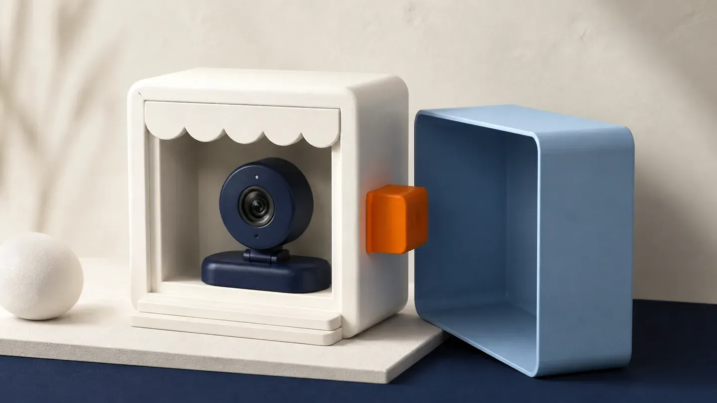 A webcam sits inside a blank white frame beside a blue removable sleeve.