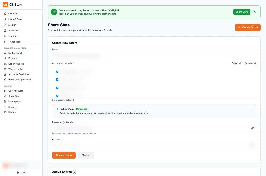 CB Stats Share Stats controls with private share details obscured.