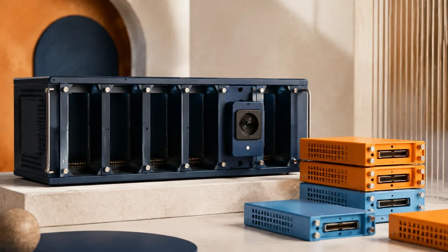 A modular equipment rack stands beside orange and blue expansion blocks.