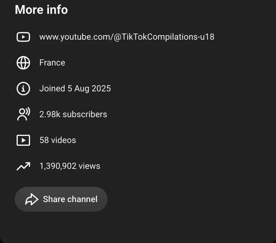 YouTube About panel for the Tik-tok Compilations channel: France, joined 5 Aug 2025, 2.98k subscribers, 58 videos, 1,390,902 views.