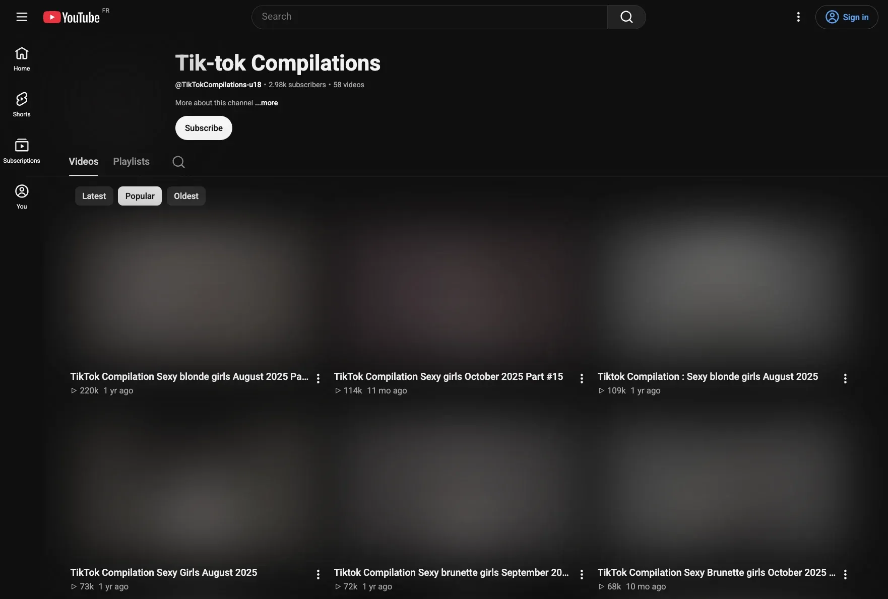 The channel's Videos tab sorted by Popular, every thumbnail blurred. The top six show 220k, 114k, 109k, 73k, 72k and 68k views.