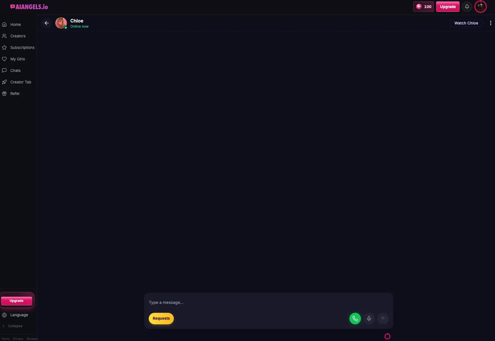 AI Angels chat window: message field, Requests button, call button and a voice-note button. Balance shows 100 credits.