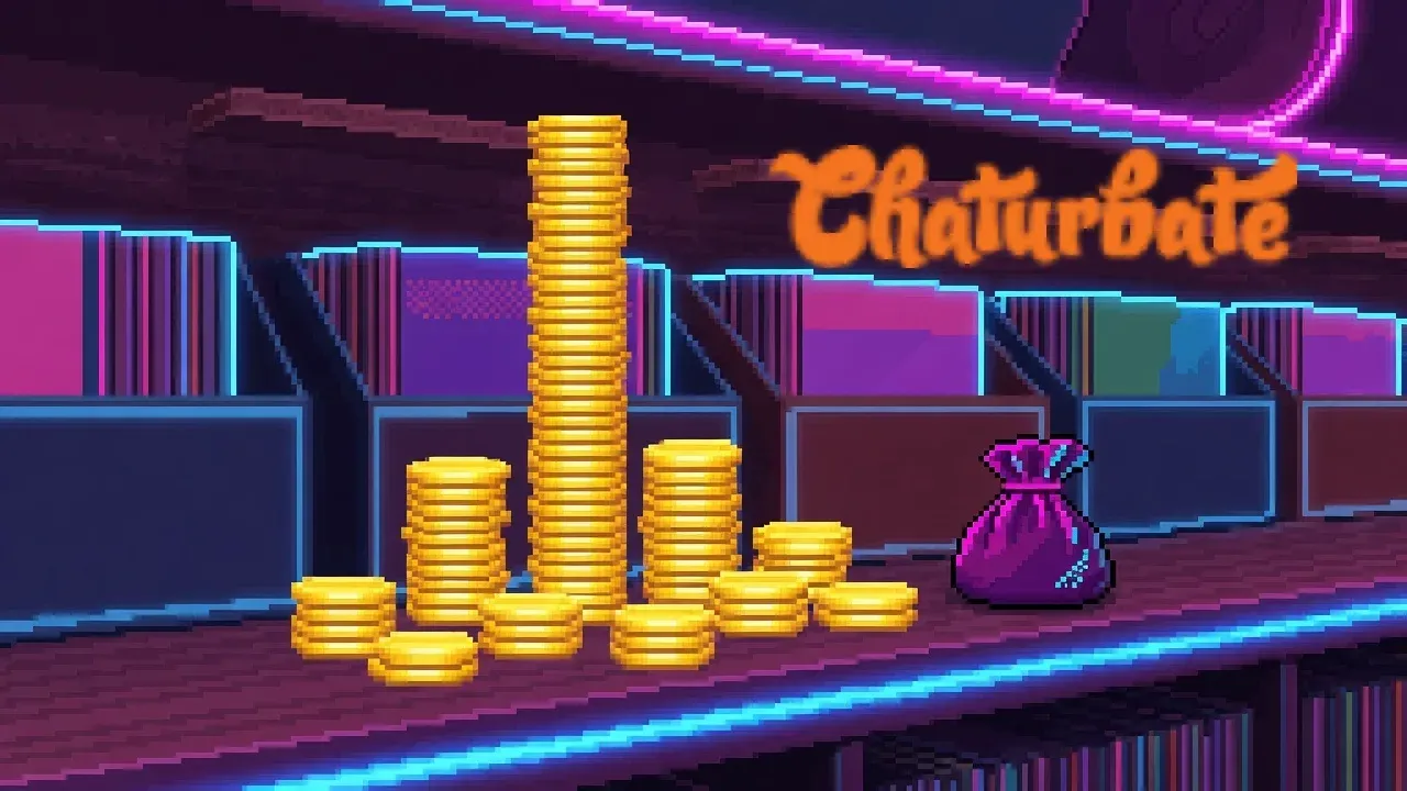 Pixel-art Chaturbate wordmark above a tall coin column, short coin stacks, and a small pouch in a neon record shop.
