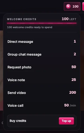 Welcome credits menu: 100 credits left. Direct message 1, group chat message 2, request photo 50, voice note 25, send video 200, voice call 50 per minute.