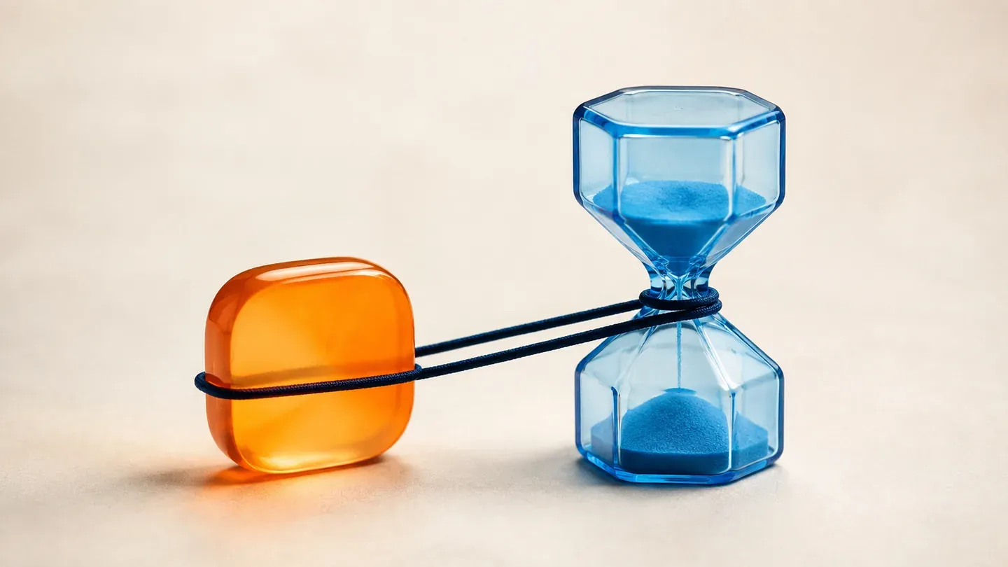 An orange lozenge and blue sand timer are connected by a navy loop.