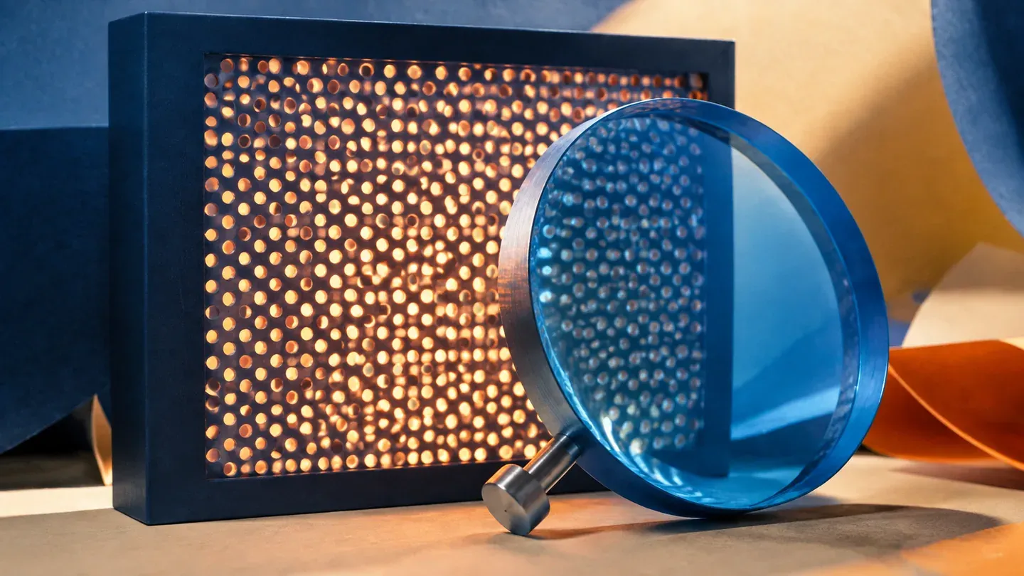 Orange light passes through a perforated cream sheet beside a blue lens.