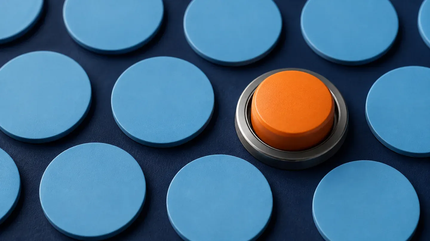An orange button rises from a field of flat blue tiles.