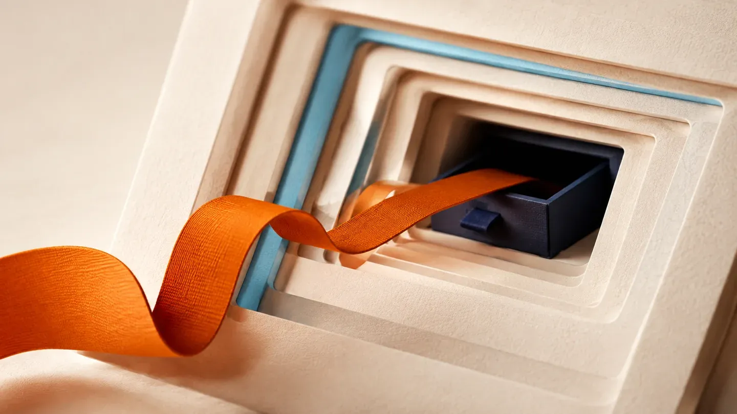 An orange ribbon passes through stacked paper frames into a navy drawer.