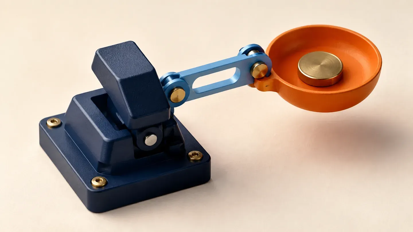 A navy switch links to an orange dish holding a brass disc.