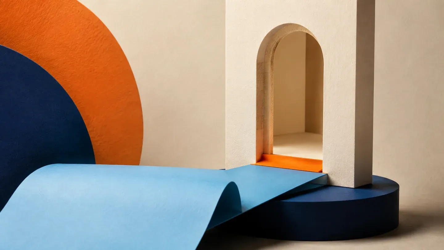 A blue paper ramp leads to a cream doorway with an orange threshold.