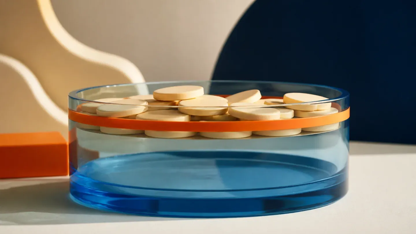 Cream discs fill the top of a clear blue vessel wrapped with an orange band.