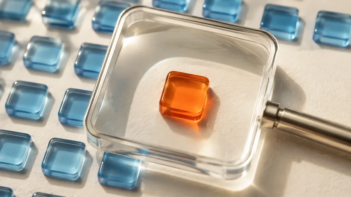 A clear lens magnifies one orange tile among blue glass tiles.