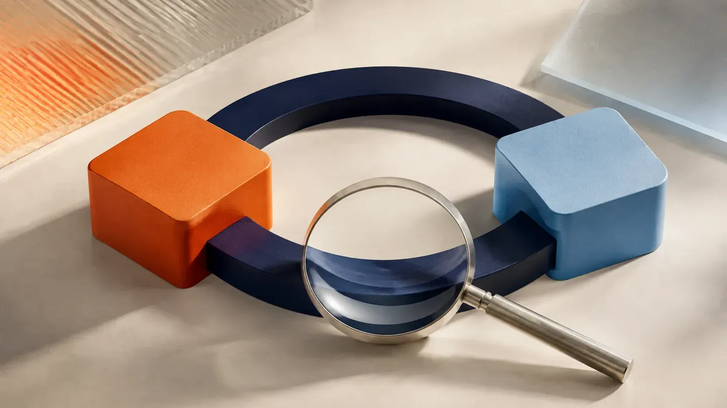 Orange and blue blocks sit at the ends of a curved navy loop beneath a lens.