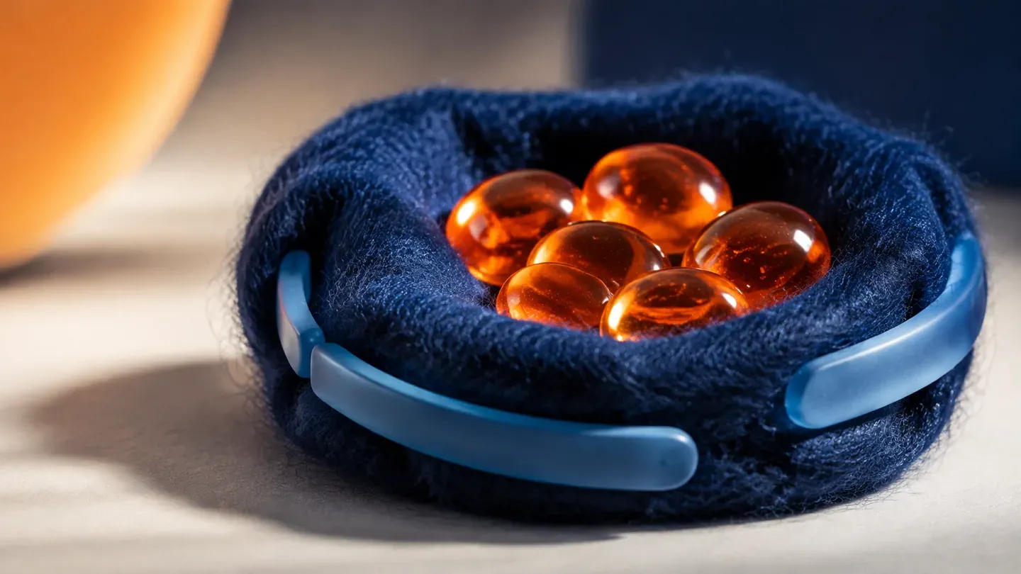 Blue clips hold orange glass stones inside a navy felt nest.