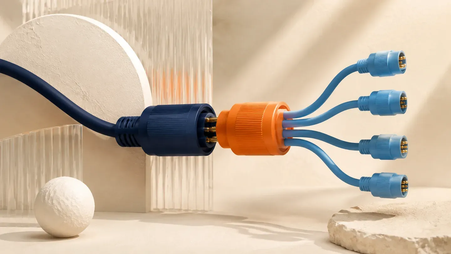 A navy connector links through orange to a branching group of blue connectors.