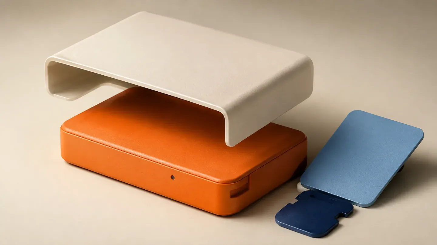 A blank cream slipcover hovers above an orange block beside a blue swatch.