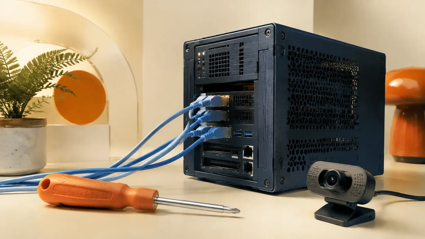 A compact server, blue ethernet cables, orange screwdriver and webcam sit on a desk.