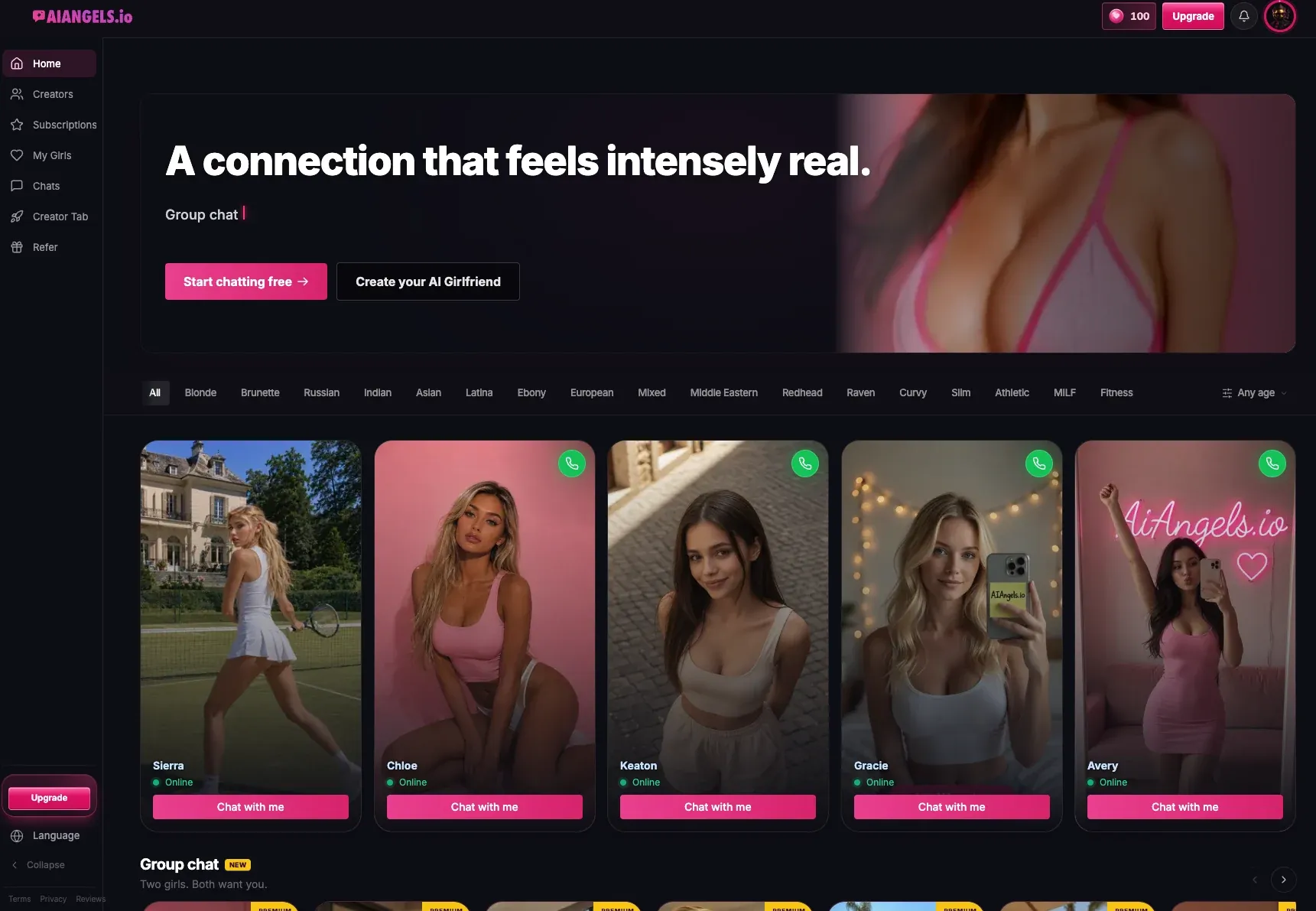 AI Angels home: Start chatting free, Create your AI Girlfriend, and a row of character cards.