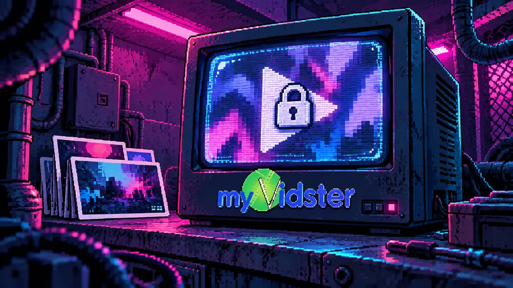 Pixel-art MyVidster CRT player with a padlock over the play button, bookmark thumbnails beside it, and cyan-magenta industrial lighting.