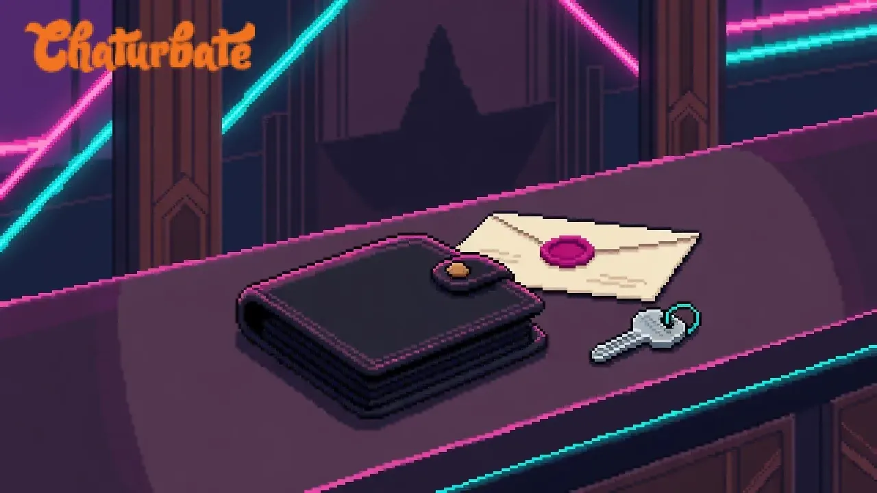 Pixel-art Chaturbate wordmark above a wallet, sealed envelope, and metal key on a neon Art Deco lobby counter.