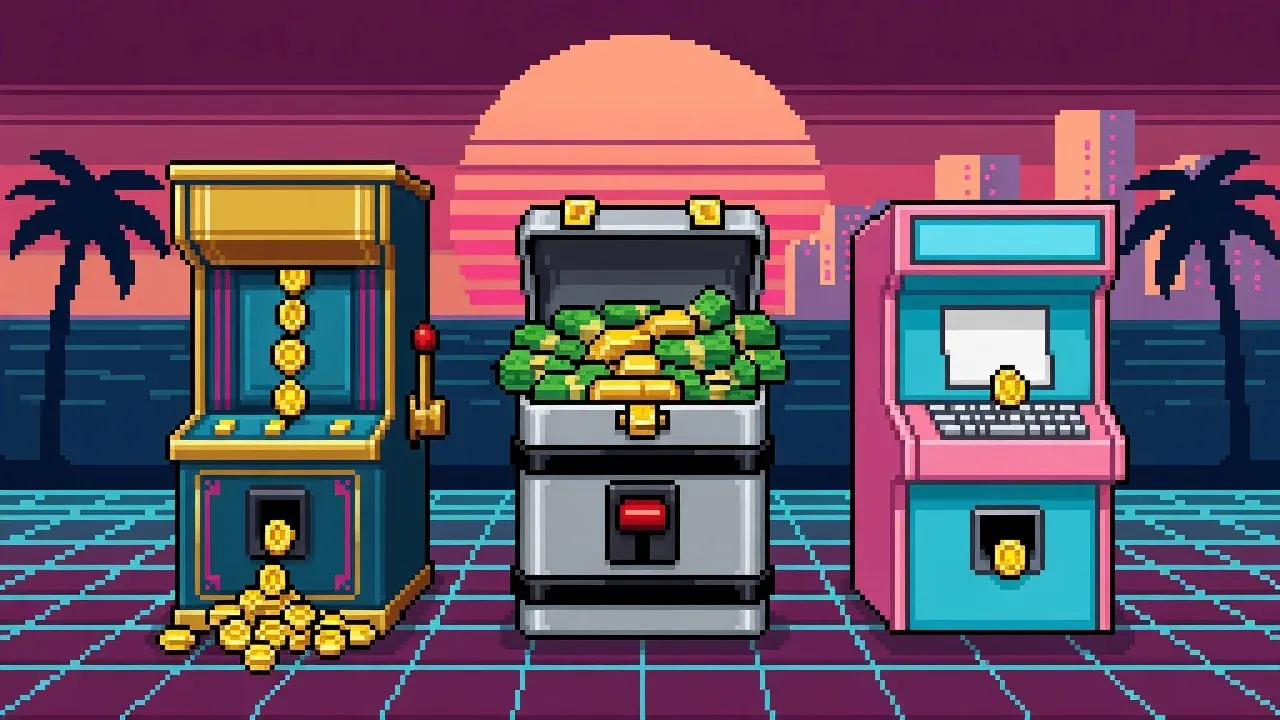 Pixel-art Miami terrace with three payout machines: a coin-drop cabinet, an open cash chest, and a small signup kiosk.
