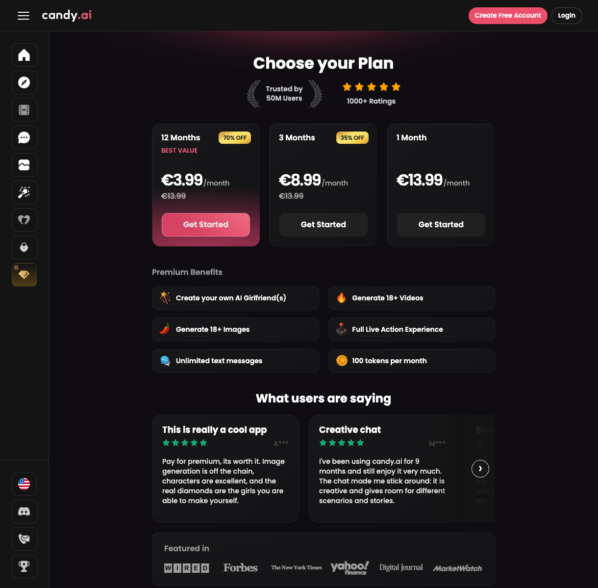 Candy AI subscription choices and Premium benefits, including 100 monthly tokens.