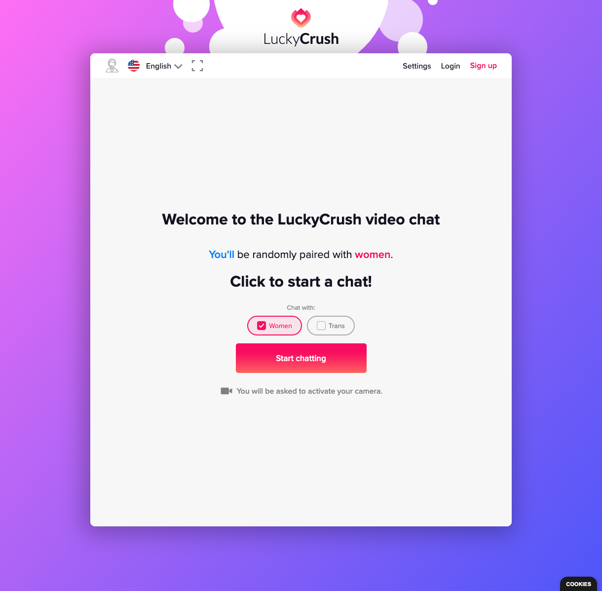 LuckyCrush welcome screen with Women and Trans choices and an unpressed Start chatting button.