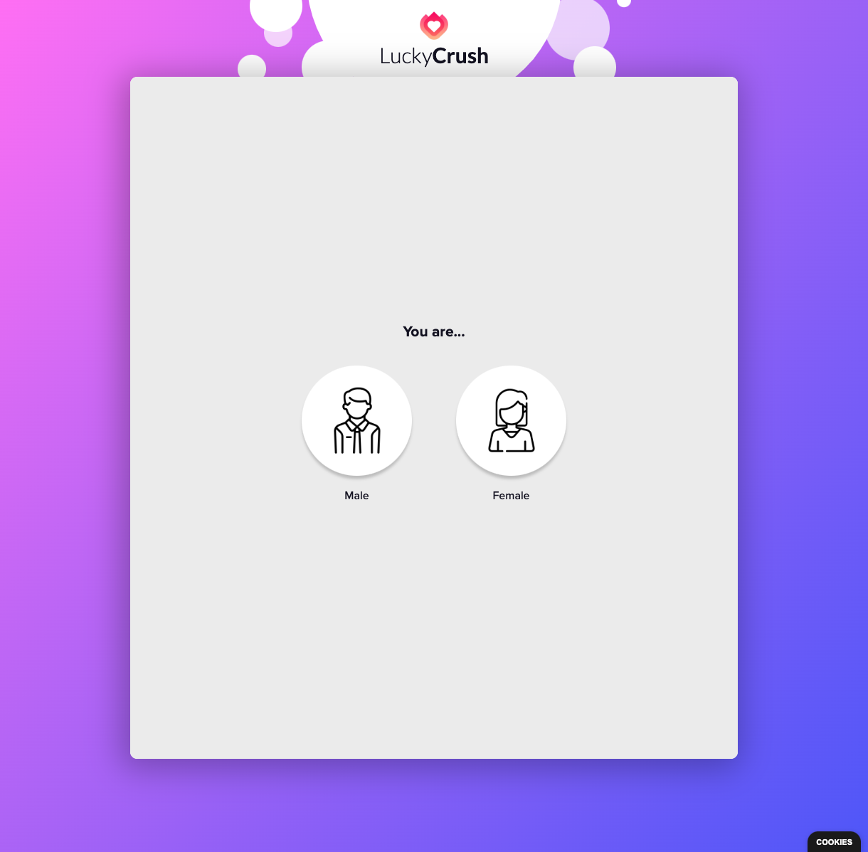 LuckyCrush entry page asking the visitor to select Male or Female.